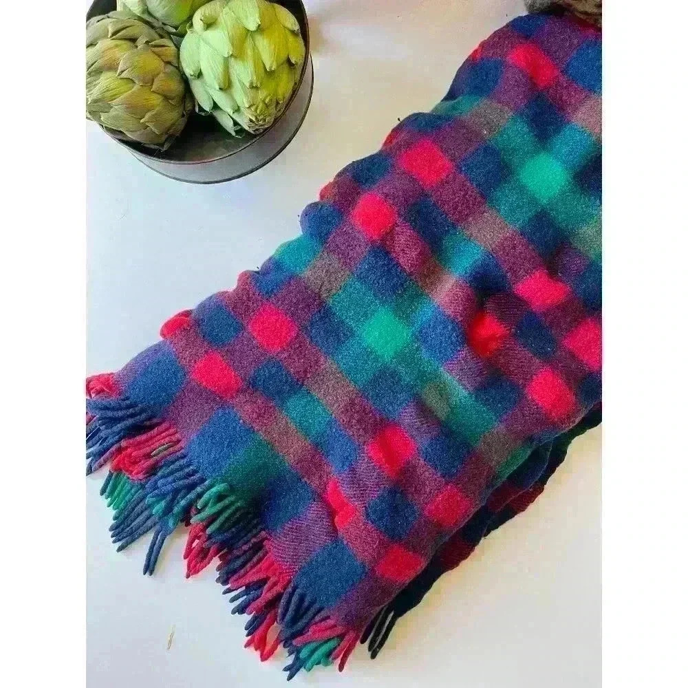 Wool plaid stadium throw | plaid‎ red blue green | fringe 1960 retro country